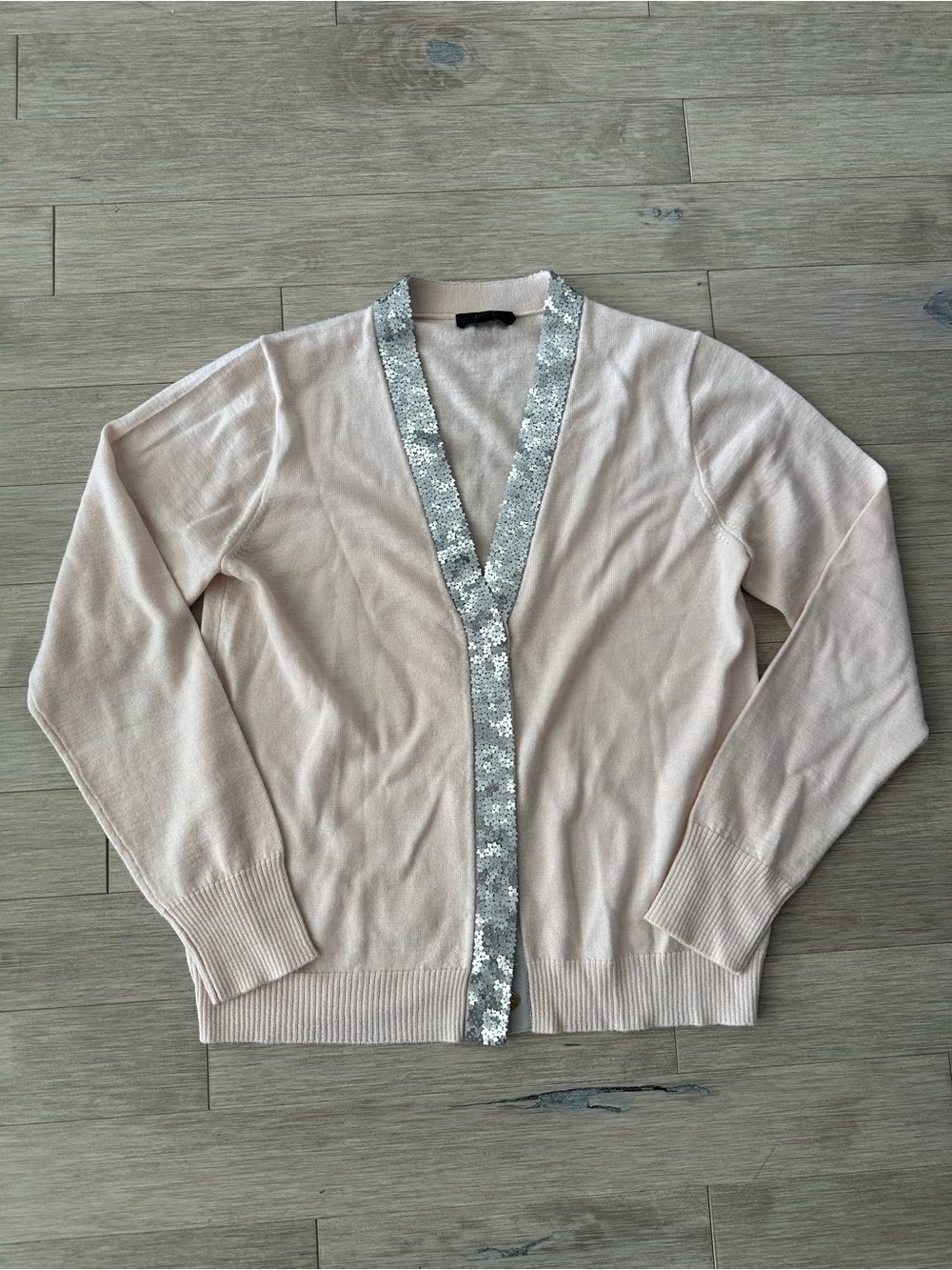 J. Crew 100% Merino Wool Light Pink Cardigan Silver Sequin Trim Size Medium
